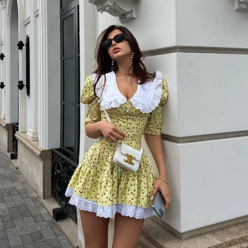 

2023 Summer Slim Print Women'S Dress Bodycon Doll Collar Short Sleeve Mini Dresses Elegant Lace Patchwork Female Dress