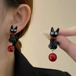 Sweet Cartoon Black Cat Earrings with Red Pearl Pendant - Fashionable and Elegant Design (Black)