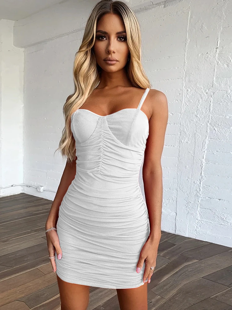 

Fashion Satin Corset Ruched Mini Dress Women Sleeveless Party Night Club Wrinkled Skirt Dress Summer Gown Sexy Backless Vestidos