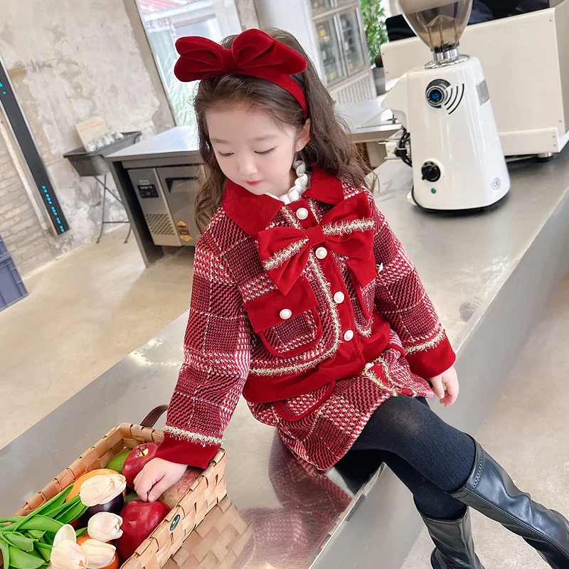 

Autumn Winter Children Clothing Sets for Girls Plaid Coats Skirt Kids Casual Outfits Red New Year Clothes Baby Tracksuits 2-8 Y