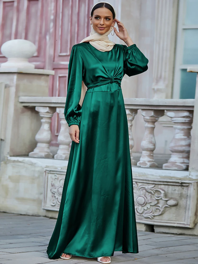 Wrap-Front-Muslim-Dress-for-Women-Thick-Satin-Abaya-Dubai-Turkish ...