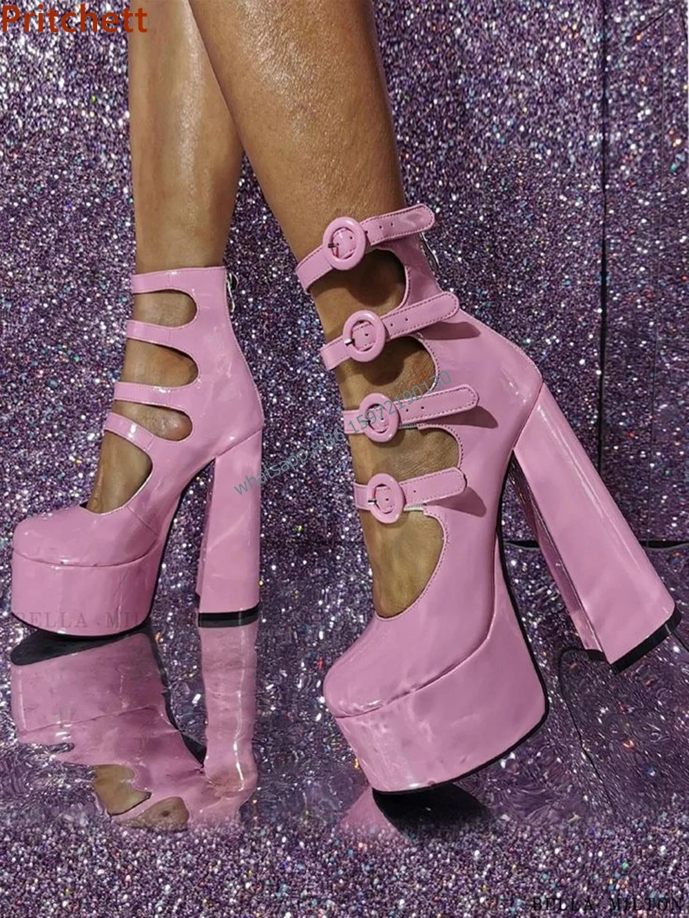 

Босоножки из лакированной кожи, однотонные сандалии на платформе, круглый носок, квадратный каблук, пряжка, до середины икры, летняя милая розовая Классическая обувь