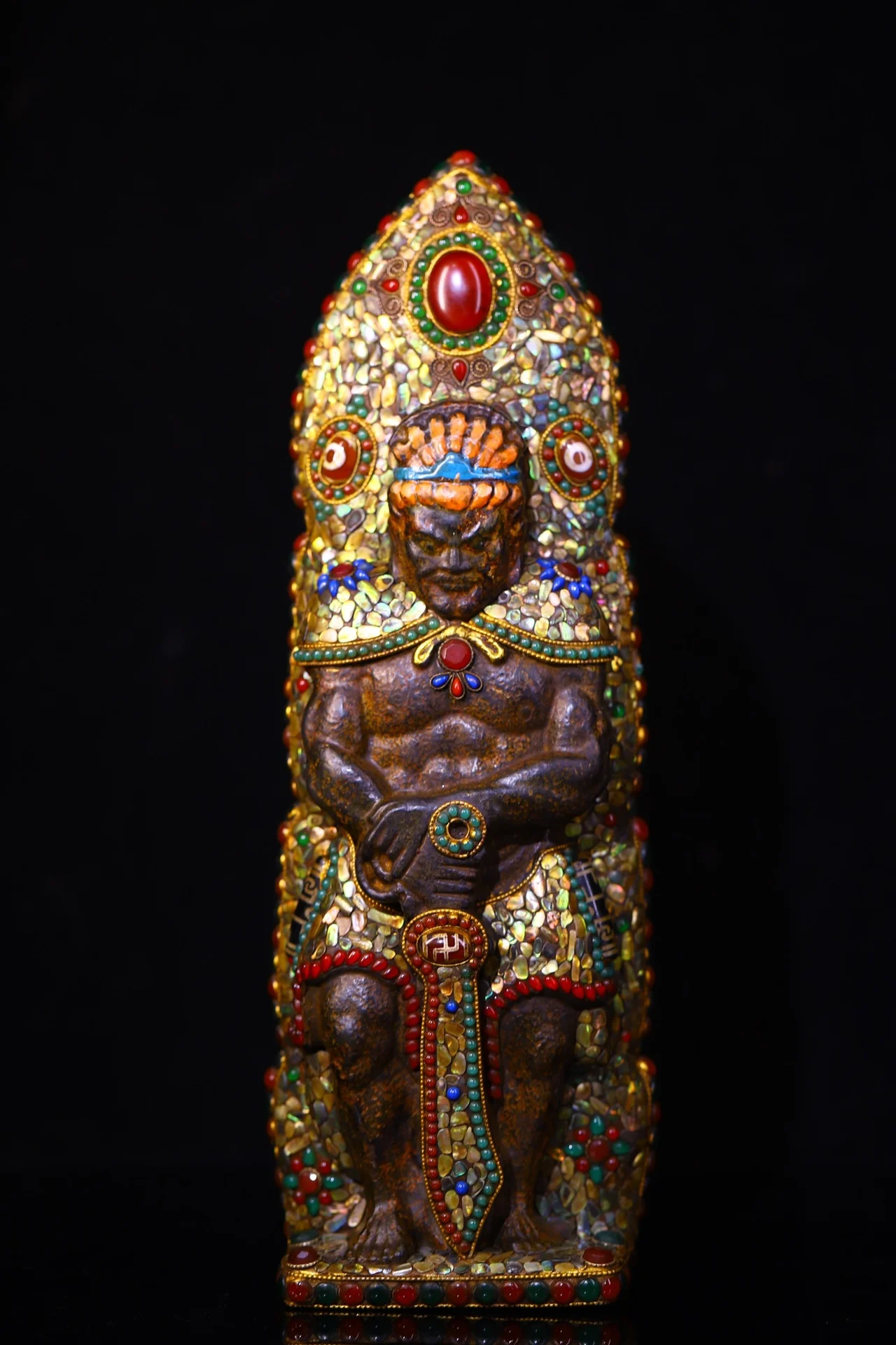 

12"Tibetan Temple Collection Old Natural Meteorite Mosaic Gem gZi Beads Shell Acalanatha Hercules Buddha Worship Hall Town house