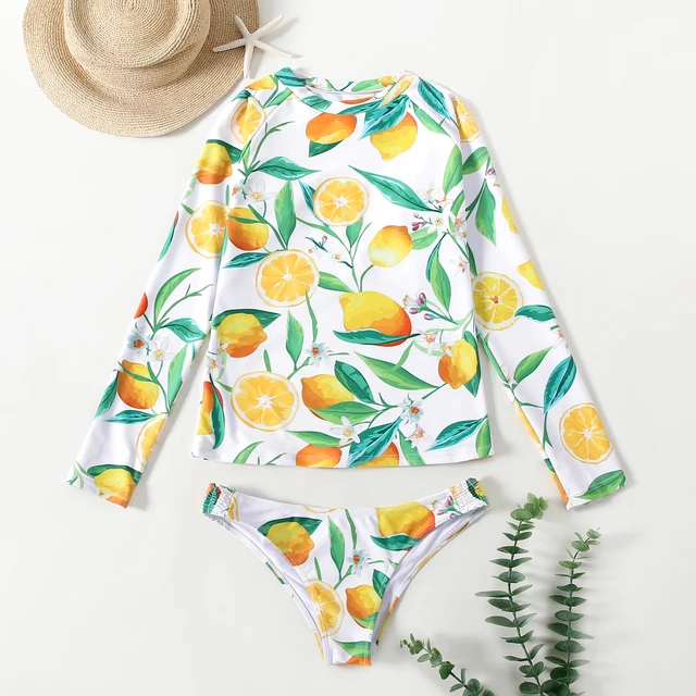Yeezzi Women Swimsuit Bathing Suit 2 Pieces Swimwear Long Sleeves Floral Print Female Bikini Suits Rash Guard Fashion New 2021 Yellow-73615