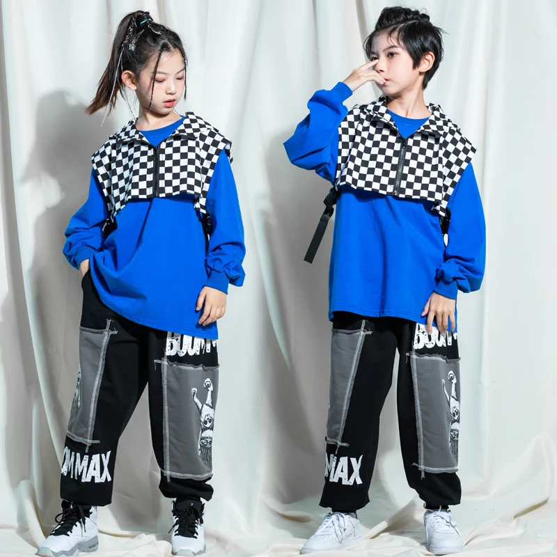 

Kids Teenage Street Wear Hip Hop Clothing Blue Sweatshirt Hoodie Vest Tops Joggers Pants For Girl Boy Jazz Dance Costume Clothes