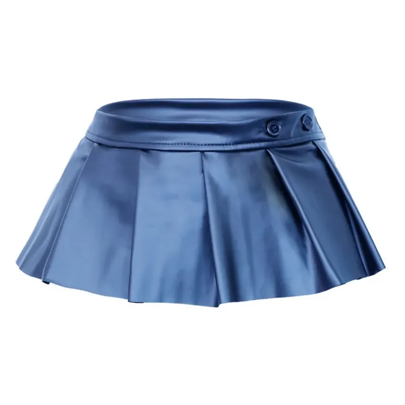 Sexy Gloosy Faux Leather A-Line MINI JK Skirt Low Rise Waist Ruffled Adjustable Mini Skirt Club Pleated Party Pole Dance