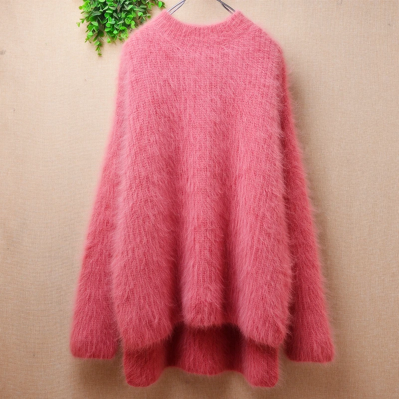 

Female Women Fall Winter Clothing Hairy Mink Cashmere Knitted O-Neck Split Loose Pullover Angora Fur Jumper Sweater Pull Tops