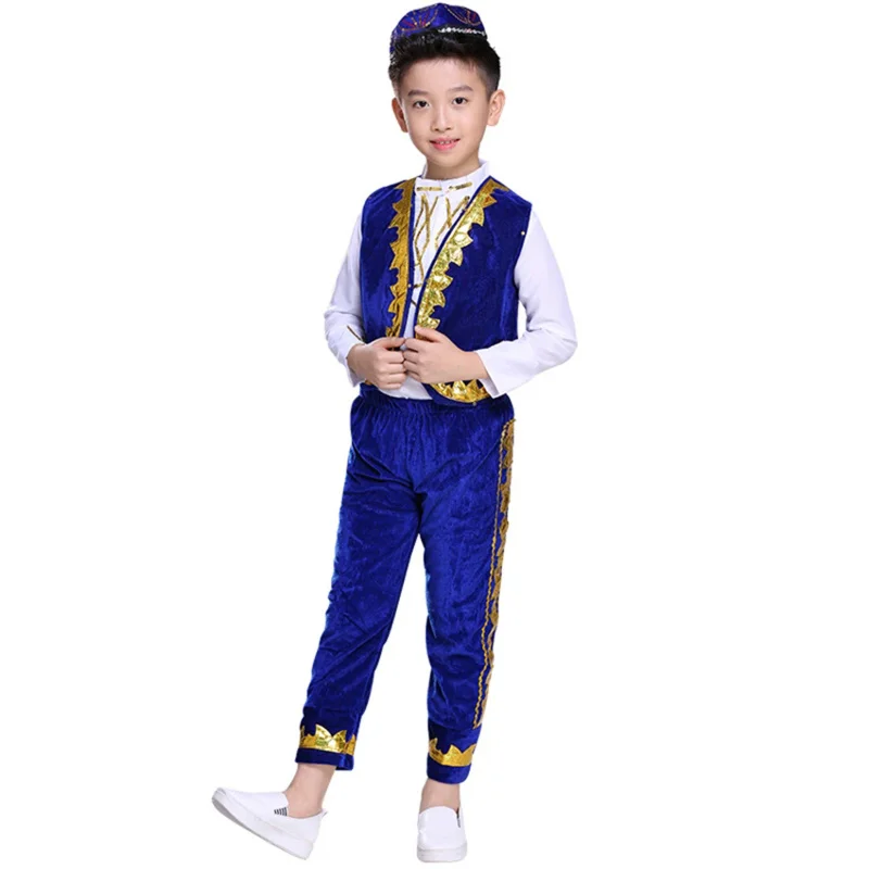 Traditional Muslim Clothing for Islamic Boy Arabic Jubba Thobe Arab Performance Saudi Arabia Dance Wear Top Pant Hat Set images - 6