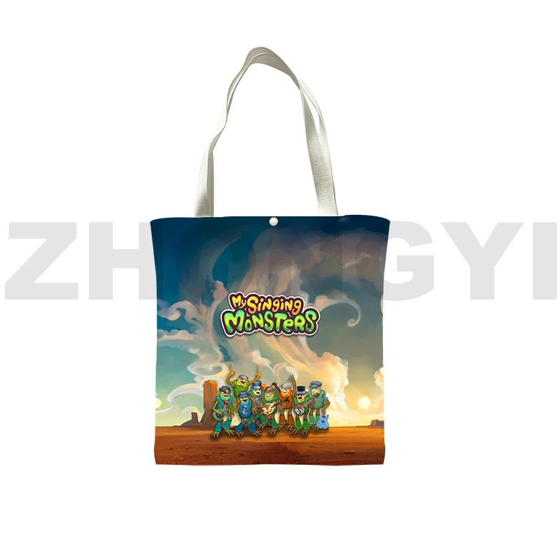 Harajuku Anime My Singing Monsters Canvas Tote Large Shopper Bag 3D Cartoon Printing My Singing Monsters Shopping Bag Handbag