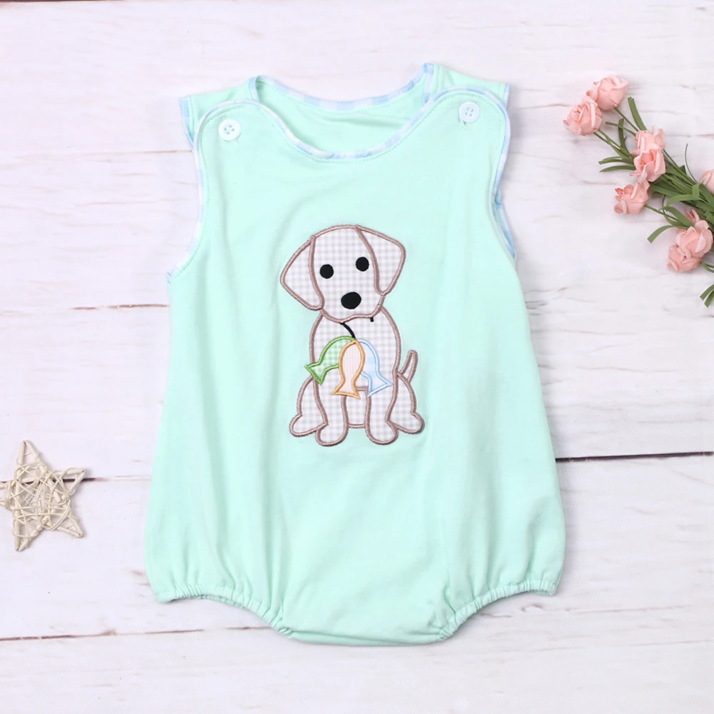

Toddler 0-3T Jumpsuit Baby Boy Clothes Puppy Fish Embroidery Infant Romper Sleeve Shorts New Born Bodysuit Mint Babi Outfits