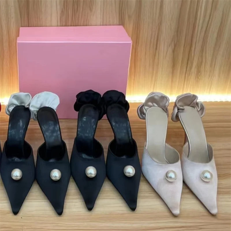 2024 New Pearl Pointed Toe Thin Heels Slippers Women Elegant Silk and Satin Rose Decor Shoes for Casual Fashion Brand Design