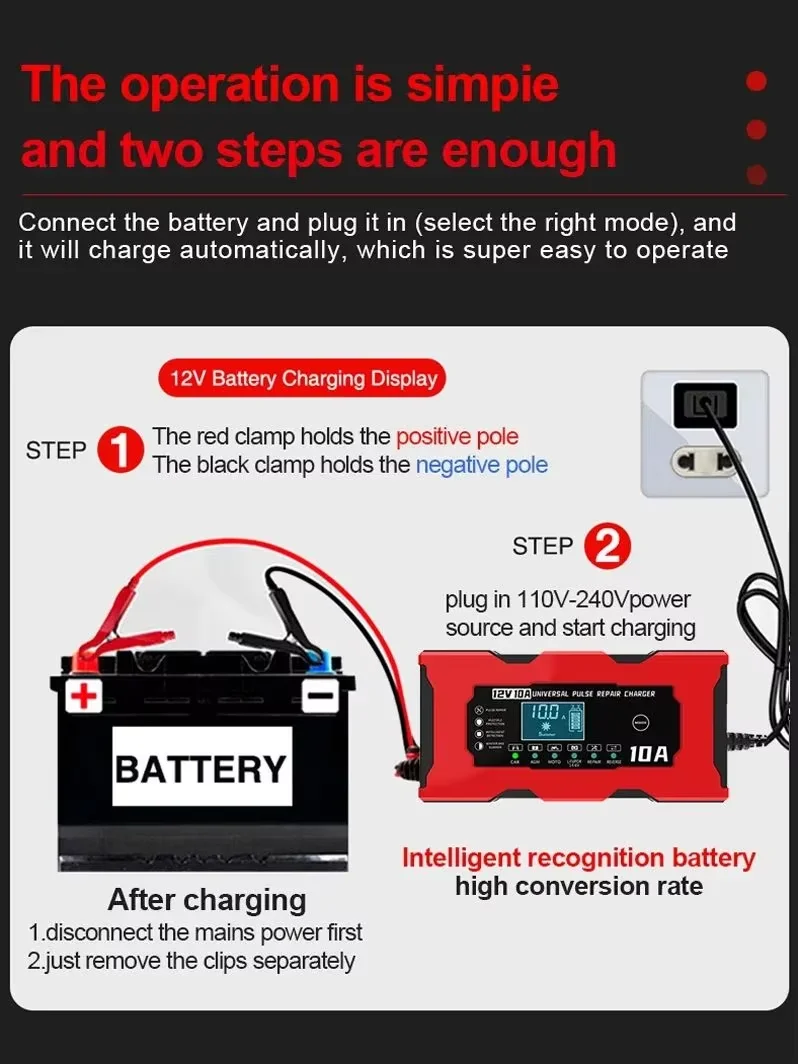 12V 15V10A Car Battery Charger Electric Motorcycle Charger Lifepo4 lead-acid AGM GEL PB intelligent Lithium Battery Repairer