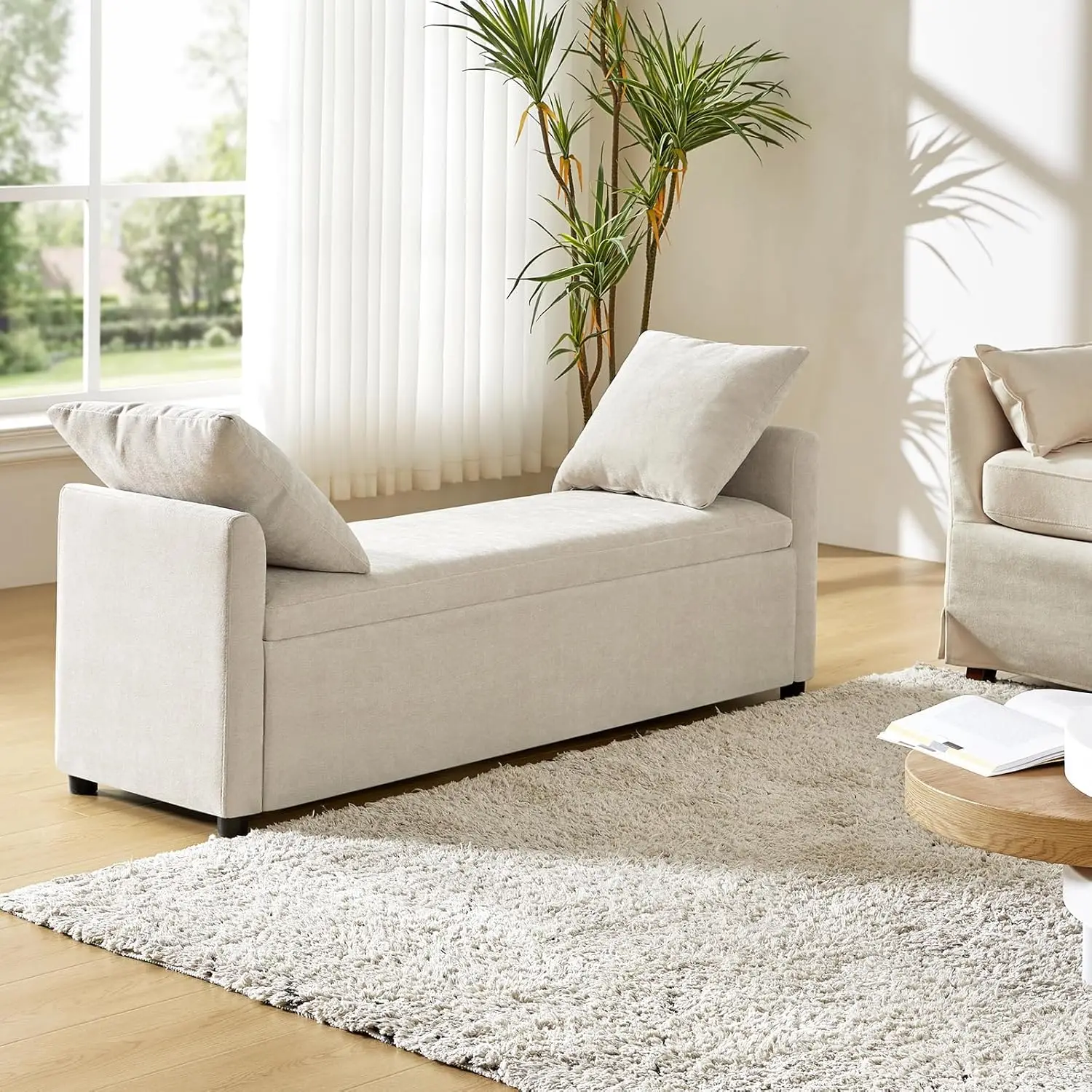 HOME Modern Storage Bench with Throw Pillows, 59.4" Extra Long Bedroom Ottoman Bench for End of Bed, Comfy Upholstered Footstool