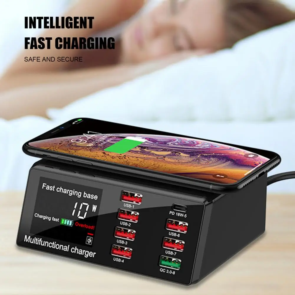 8 Ports Wireless Charger Digital Display 10W Fast Charging Phone Charger X9 PD QC3.0 Mobile Phone US/EU Plug