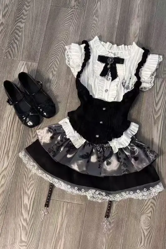 Japanese Vintage-Inspired Retro Lace Camisole Dress and Black Cardigan Set - Chic & Elegant Fashion