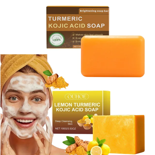 Shampoing au curcuma, savon à l'acide kojique au citron, pour douche et le visage, nettoyage du corps, barre de savon éclaircissante, soins de la peau, 1 pièces 1