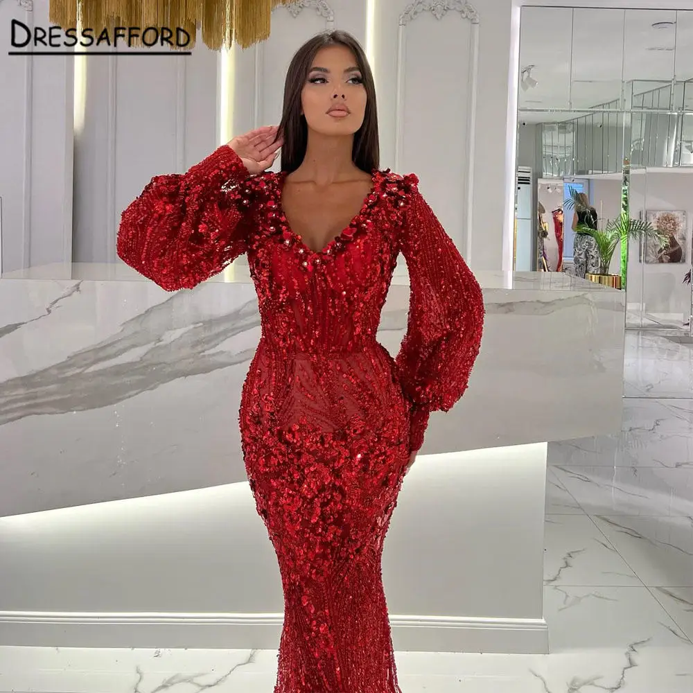 

Elegant Red Evening Dresses Luxury 2023 Celebrity Dubai Puff Sleeves Long Women Wedding Party Gowns