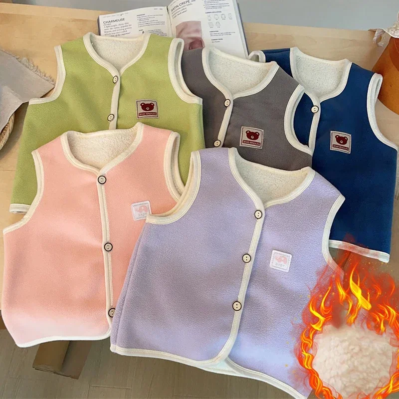 Children Vest Winter Double Sided Plush Warm Baby Vests Autumn Wearing Cartoon Animal Children Plush Thick Vest Cute Boys Girls Waistcoats