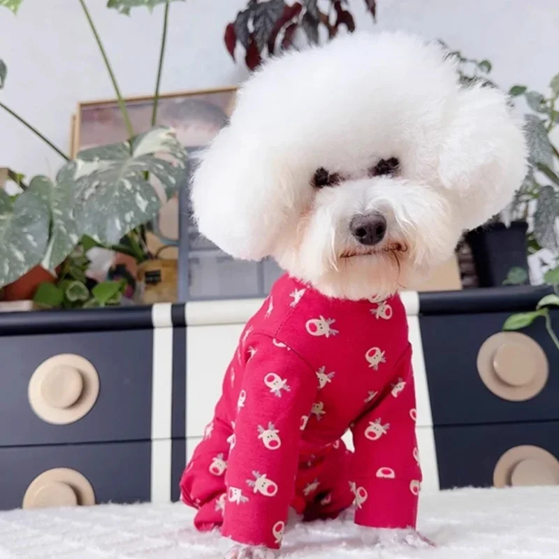 순면 빨간색 애완견 옷, 야외 운동복 패션 프린트 점프수트, 소형 중형견 슈나우저 강아지 롬퍼