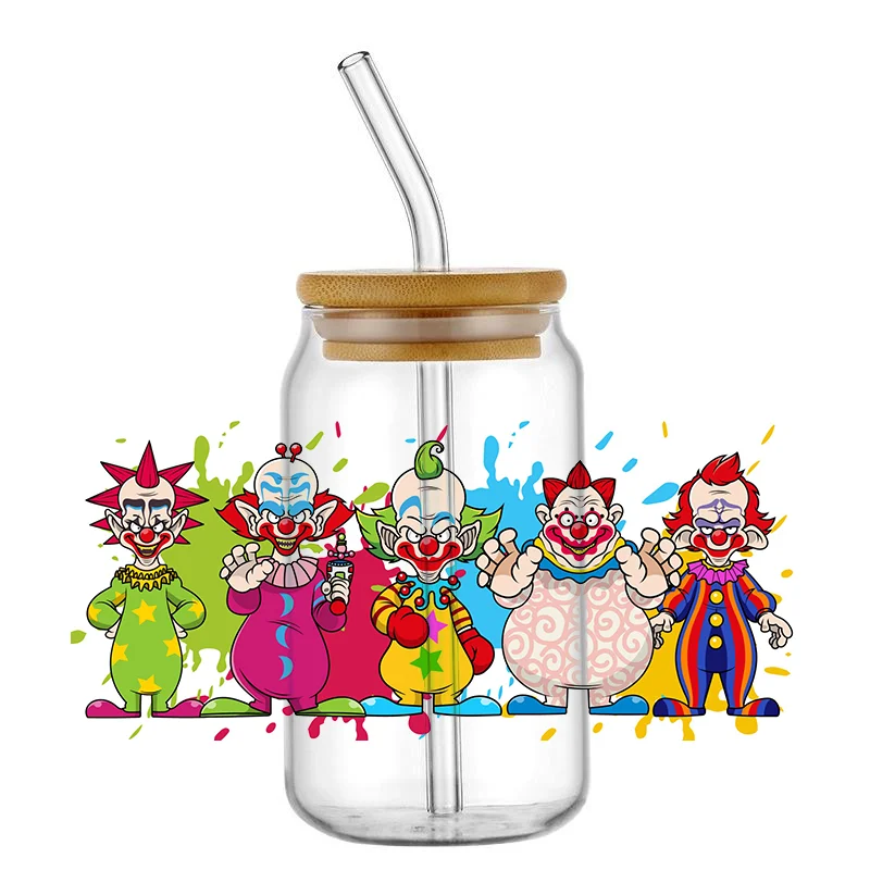 Cartoon Clown Sticker UV DTF Transfer Wraps For Glass Cup 16Oz Fashion DIY Glass Can Bottle Waterproof Decals