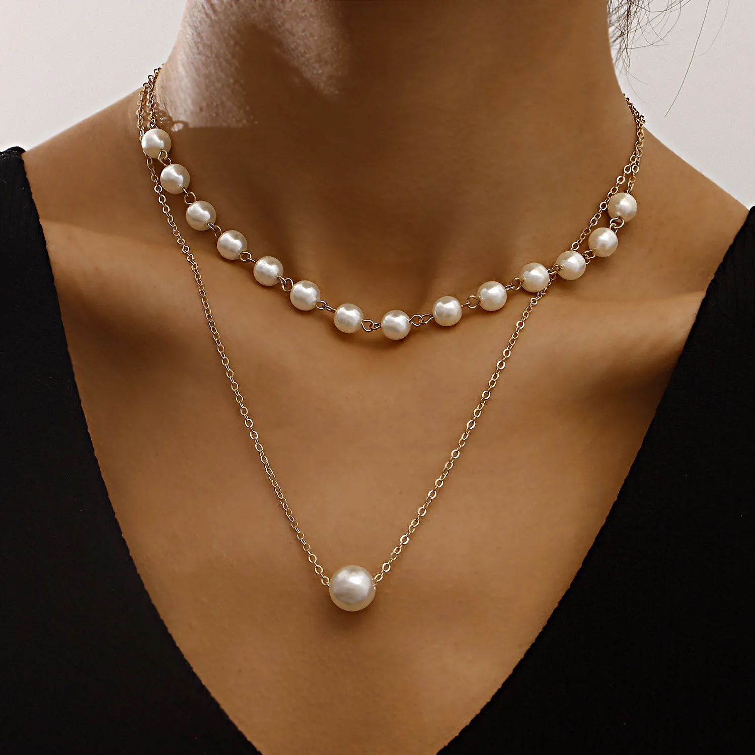 Fashion Jewelry Double Eyelet Chain Imitation Pearl Pendant Necklace