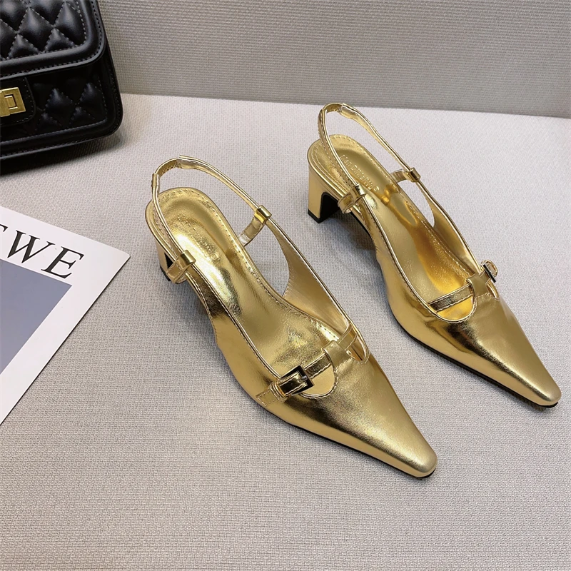 

Gold High Heel Baotou Sandals Women's Thick Heel Pointed Toe Spring Summer 2023 New Straight Shoes Shallow Lady Casual Sandals