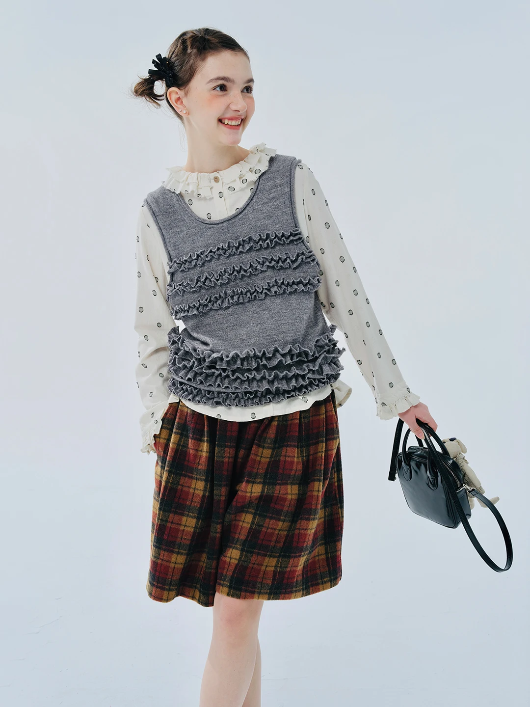 Women's Elastic Waist Plaid Pocket Pleated Wool Shorts IMAKOKONI original design 244439