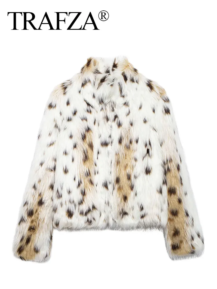 TRAFZA Autumn Winter Women Fashion Print Faux Fur Coat Casual Loose Long Sleeve Plush Thick Warm Jacket Female Y2K Streetwear 2
