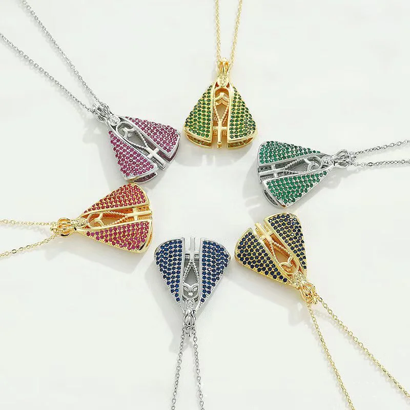 Unique Double Side Virgin Mary Zircon Pendant Necklaces Colorful Cross with Folded Hands Prayer Charm Jewelry Gift 2