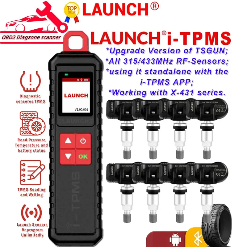 

Launch X431 i-TPMS детектор давления в шинах, Модернизированный TSGUN может работать автономно с помощью приложения i-TPMS или работает с Launch X431 V + и т. д.