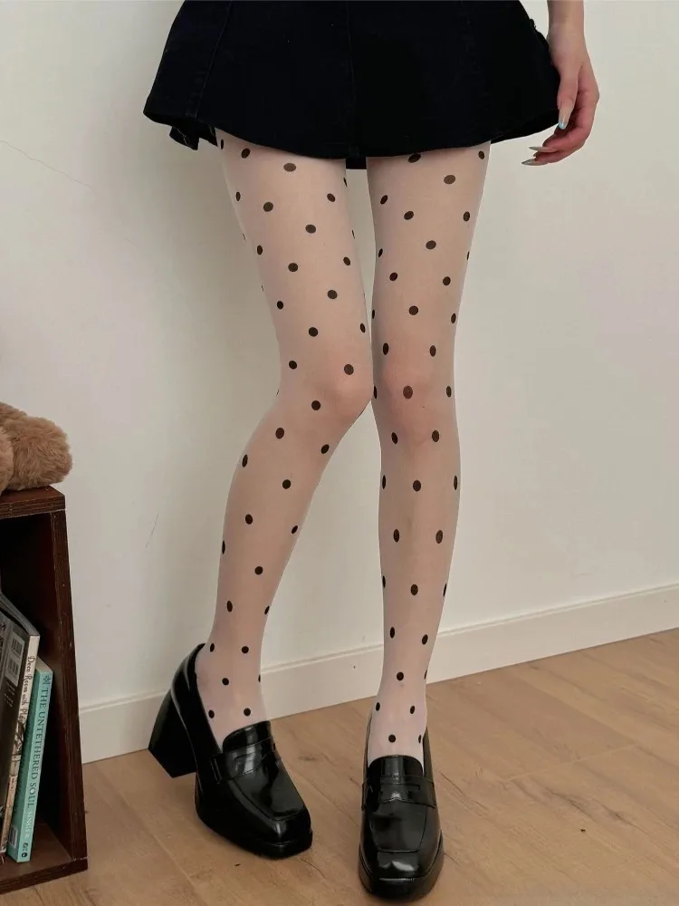 Japanese Style Sweet Lolita Polka Dots Silk Stockings Women's Sexy White Slightly Sheer Pantyhose Summer Thin Transparent Tights