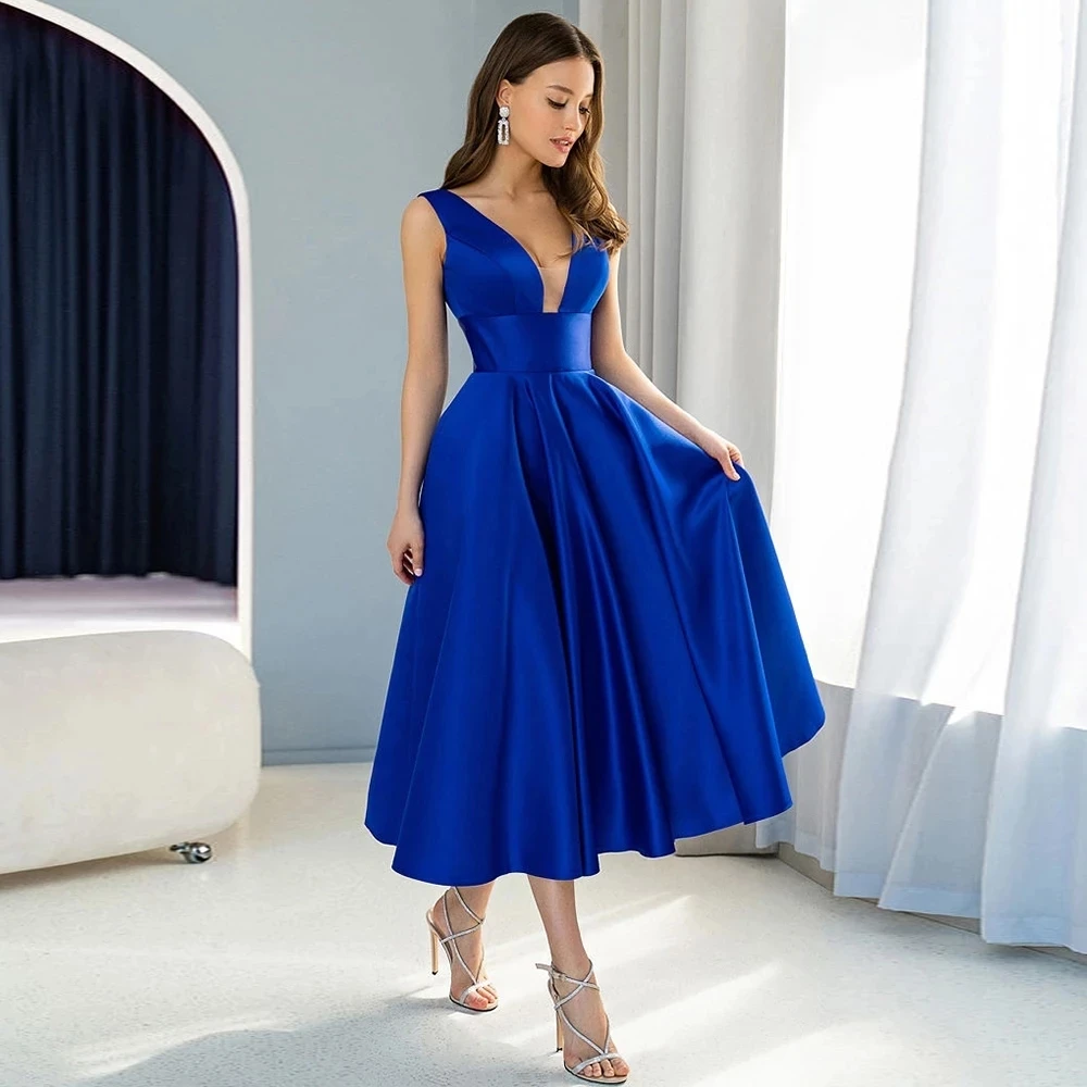 

Charming Royal Blue A-line Short Evening Dress Women's Tea Length Satin V-Neck Sleeveless Backless Prom Gowns Robe De Soirée