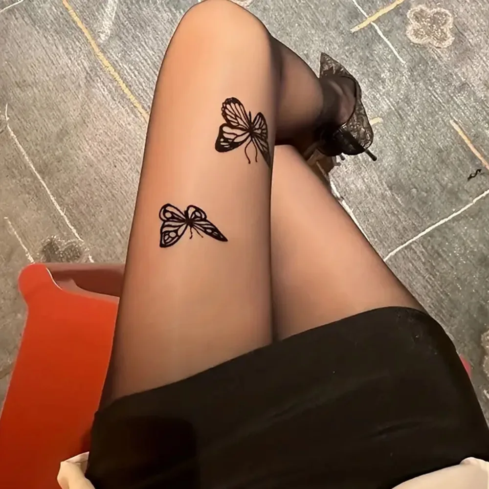 Sexy Frauen schwarze Strumpfhosen Vintage Y2K Schmetterling Druck transparente Seide Strumpfhosen Mädchen Lolita Sommer dünne enge hohe Strümpfe