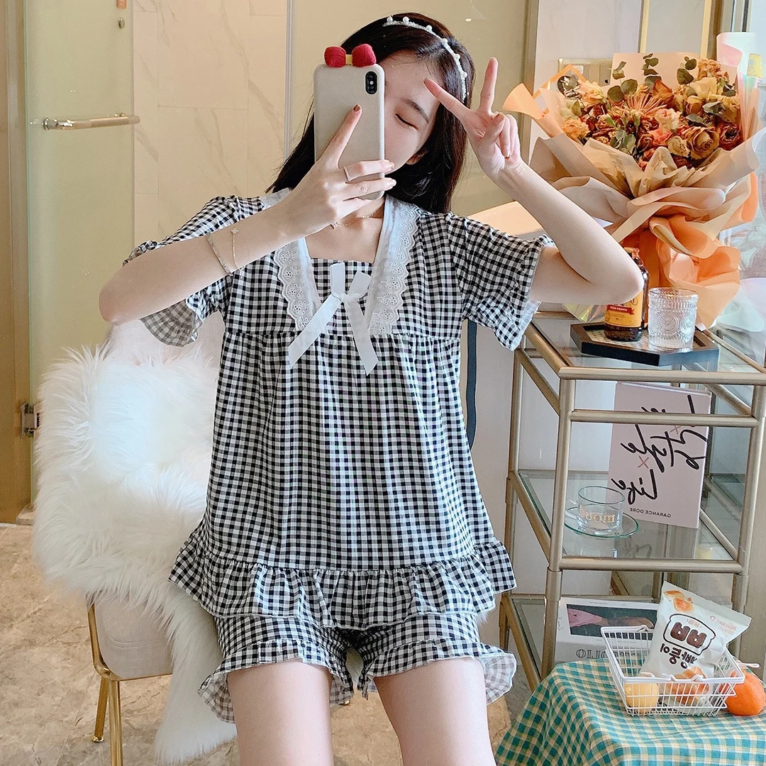 Brand new 2024 women's pajama set summer home set pajamas knitted cotton love print pajamas home clothes ins pajamas 2-pack