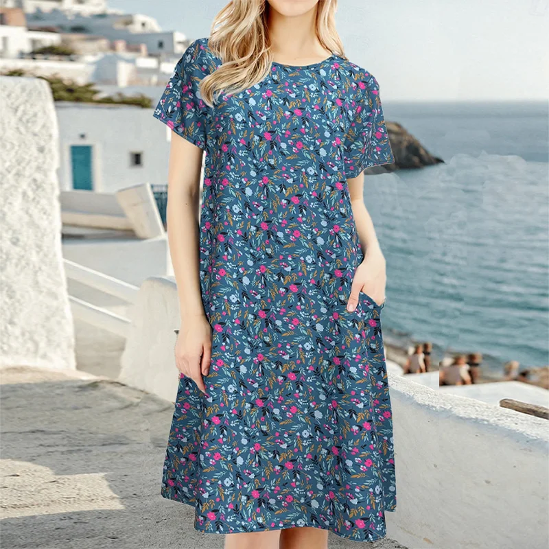Damenkleid in Übergröße mit Blumenmuster, Rundhalsausschnitt, Kurzarm, Lockerer Schnitt, Modisch, Lässig, Hauskleidung, Alltagskleid