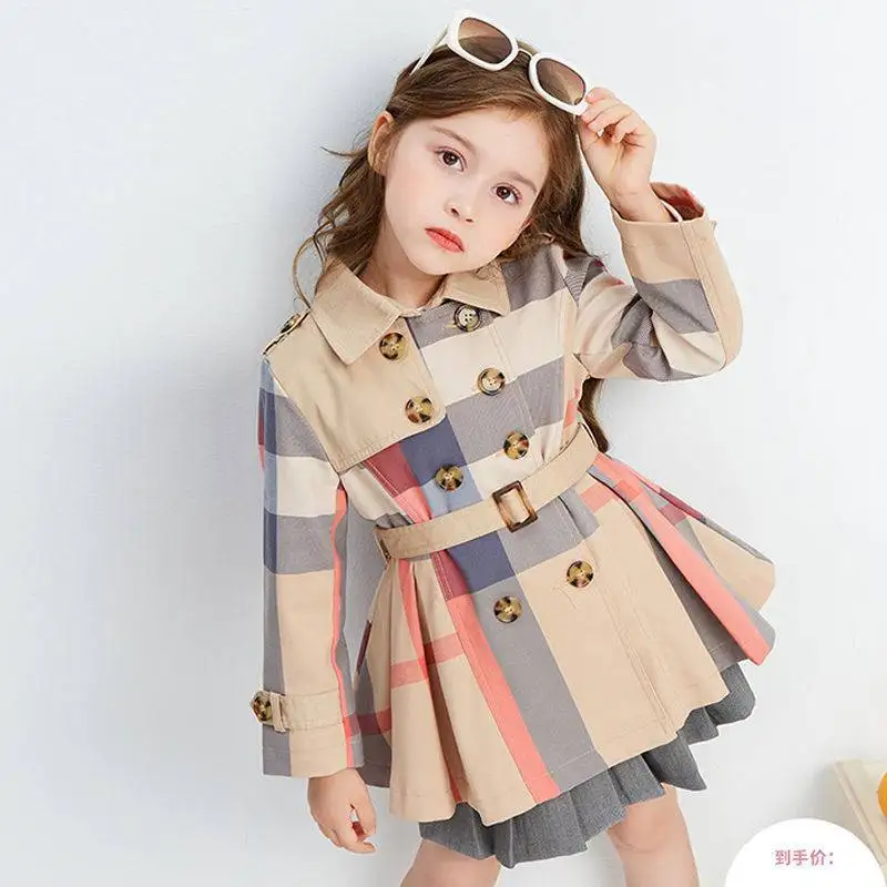 Kids Jacket Girls Trench Coats Spring Autumn Girls Trench Coat New Teenage Long Sleeve Trench Jacket Double Breasted Belted Windbreaker Kids Plaid Coat 2-12Y