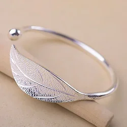 Fashion  Sterling Silver Woman Cuff Bracelet Open Leaf Shaped Adjustable Charm Bangle Girls Party Jewelry Christmas Gifts