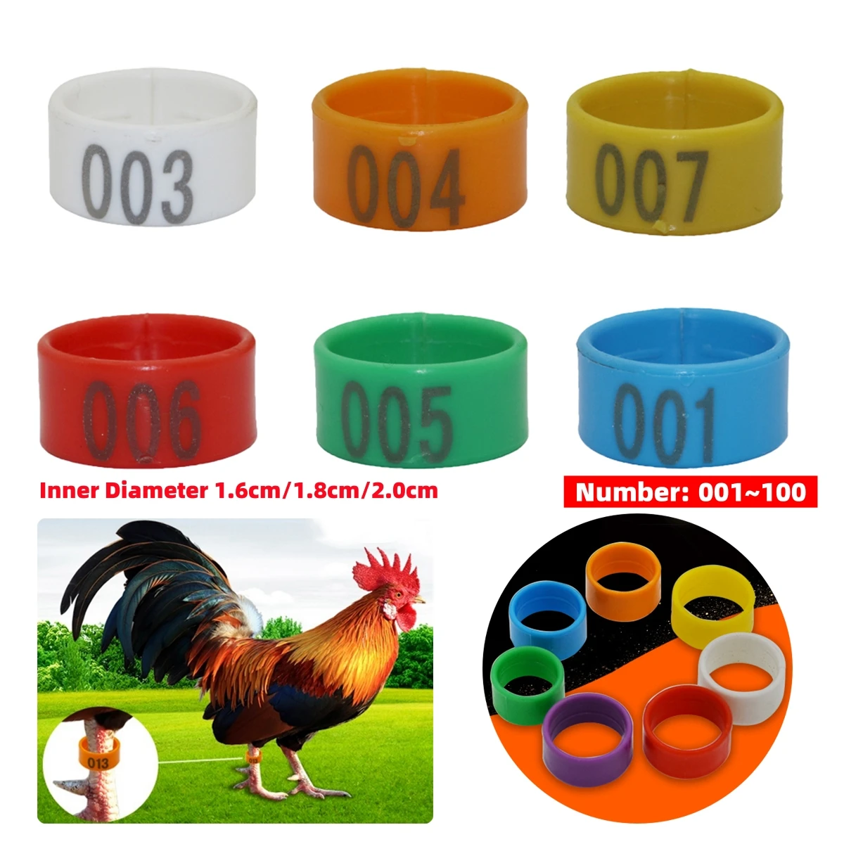 1 Pack/100Pcs Chicken Digital Foot Ring Inner Diameter 1.6cm/1.8cm/2cm Automatic Buckle Duck Goose Poultry Logo Ring No.001~100