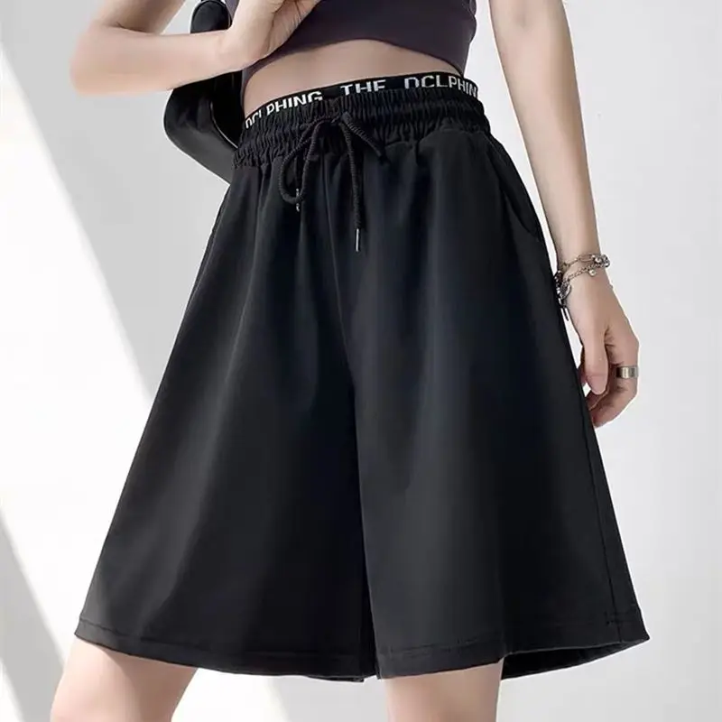 Summer New Thin High Waist Straight Shorts Solid Letter Printing Loose A-line Sports Pants Street Casual Fashion Women Clothing