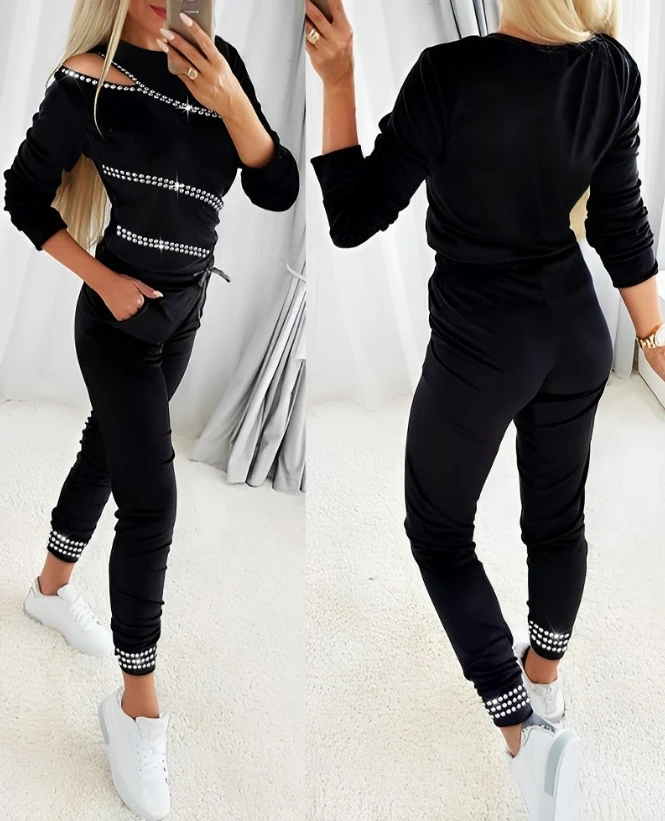 Fashion 2 Piece Set Women Outfit 2023 New Daily Casual Rhinestone Cold Shoulder Long Sleeve Tops and Drawstring Cuffed Pants Set tulle hot fix crystal maternity photoshoot dress set rhinestone stretchy pregnancy photography outfit cut out women evening gown