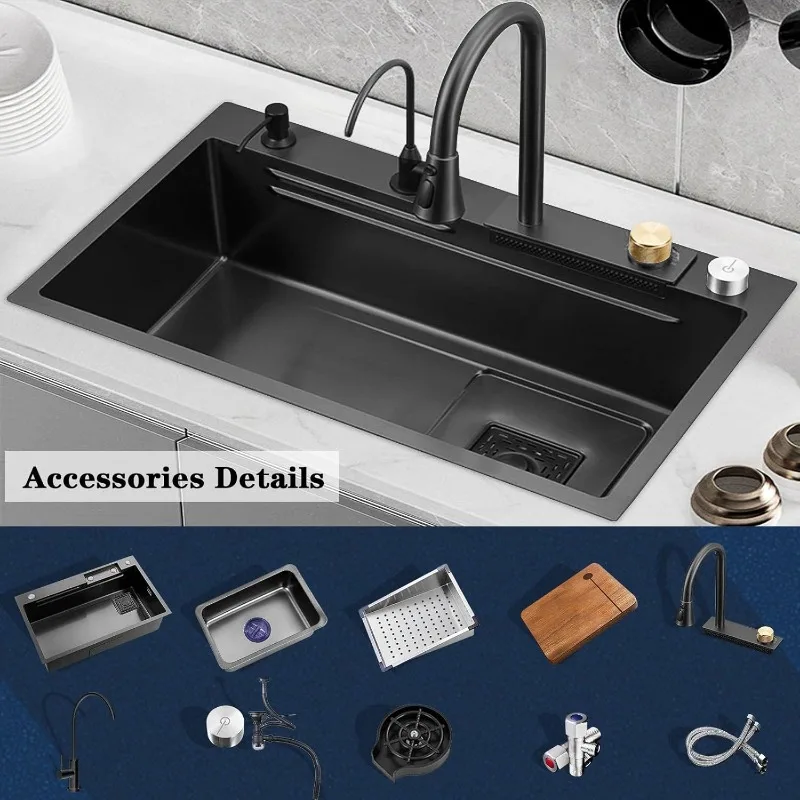 Waterfall Kitchen Sink Black Single Bowl Stainless Steel Bar Sink Undermount of Countertop Installation with Accessories Black 6