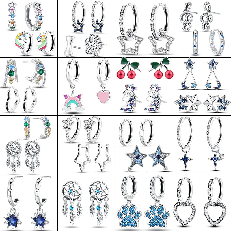 Orecchini A Cerchio In Argento Sterling 925 Originali Zircone Cuore Shiny Star Paw Borchie Da Donna Fai Da Te Original Fine Jewelry Women Wedding Gift