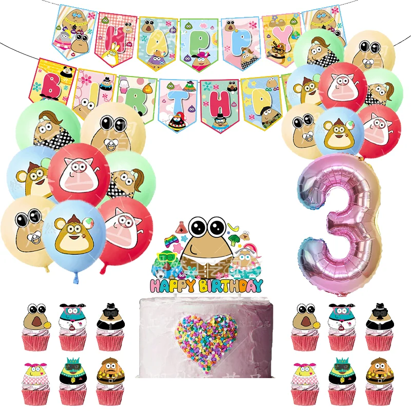 My Pet Alien Pou Kids Birthday Party Supplies Cartoon Anime Figures Peripheral Balloons Banners Toppers Parties Decor Ornaments