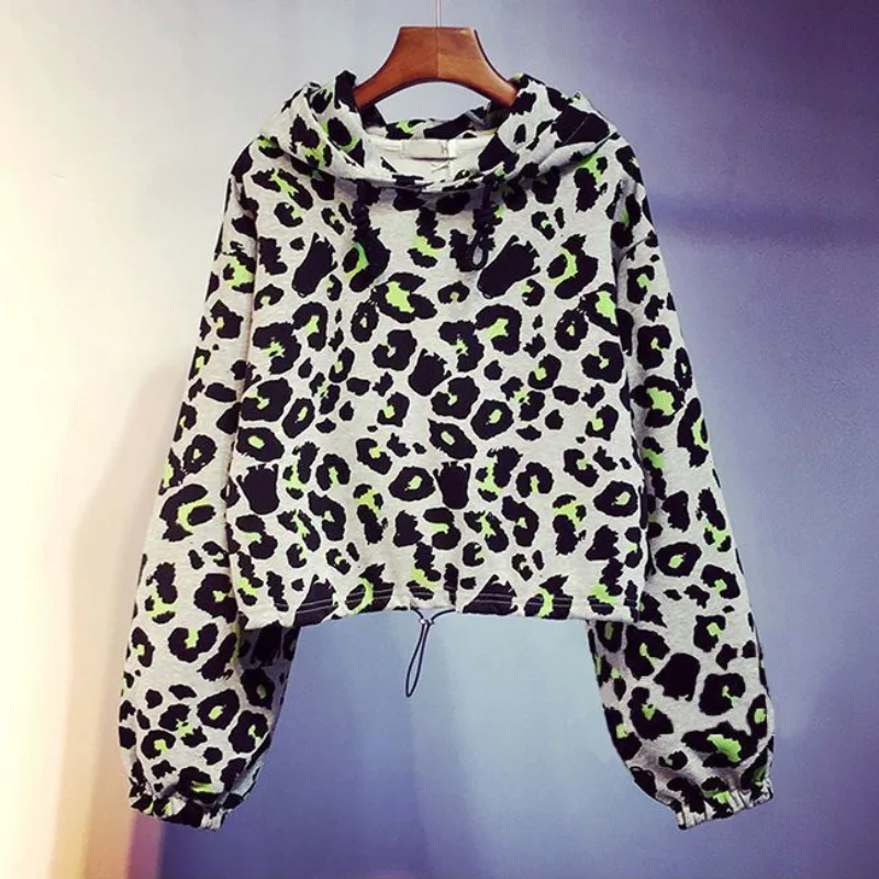 2023 Spring and Autumn Fashion Trend Leopard Print Loose Relaxed Slim Drawstring Waist Shorted Hooded Lace Up Women's Sweater