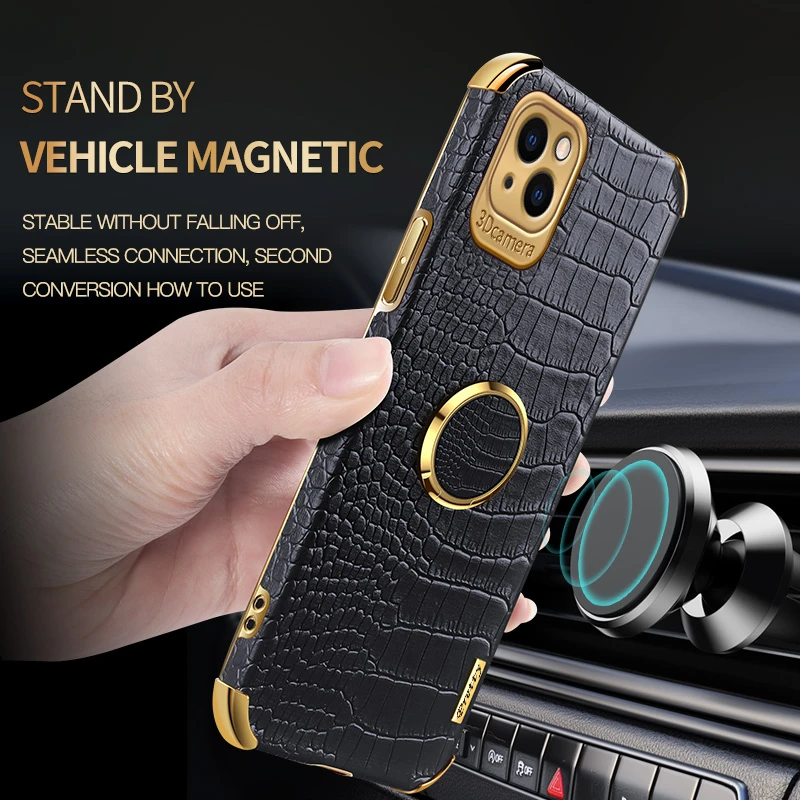 Crocodile Leather Ring Case For iPhone 14 13 12 MINI 11 Pro X XS MAX XR 8 7 6 6S Plus SE 2020 Shockproof Magnetic Holder Cover best iphone 12 mini case