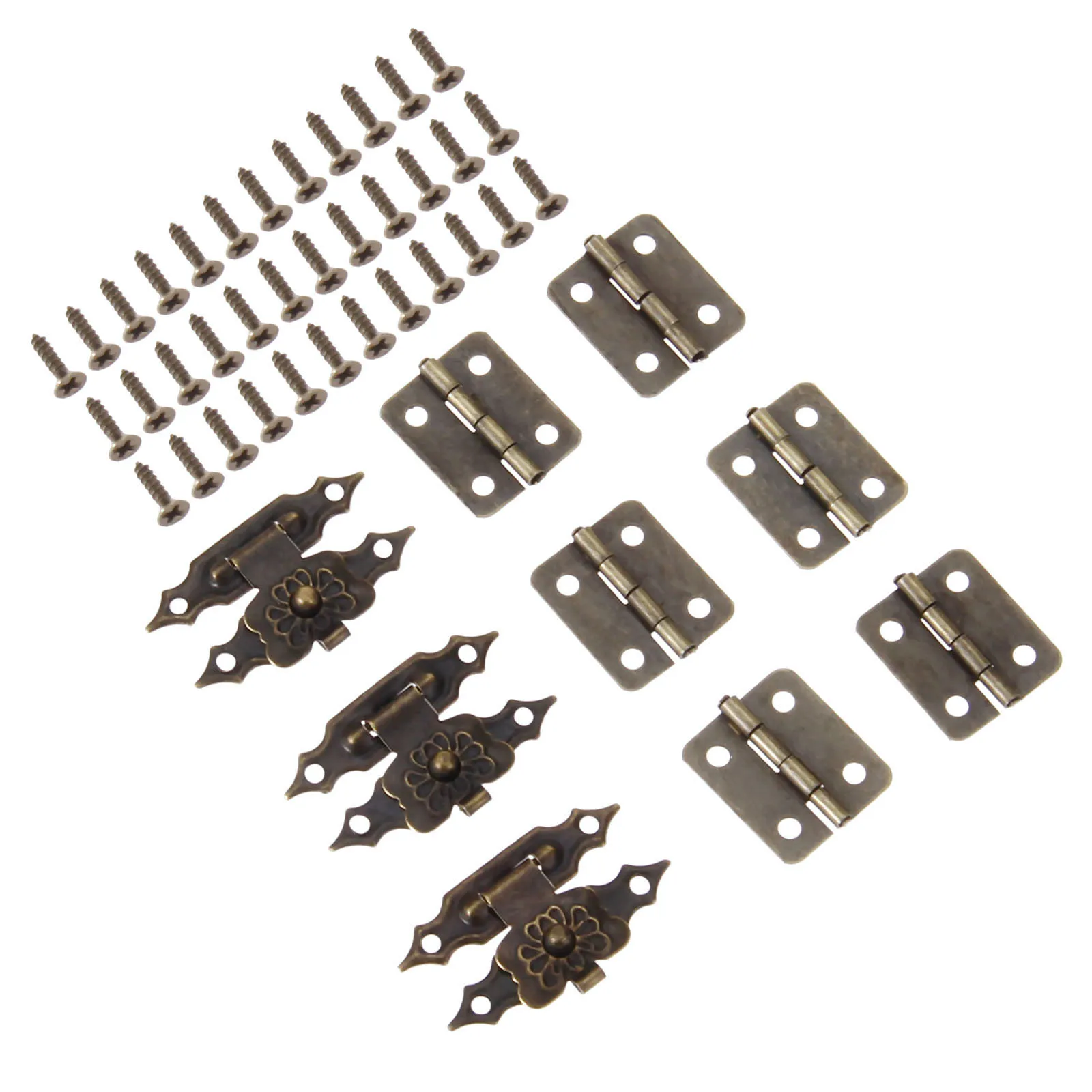 30pcs/set Antique Bronze Box Latch Hasp Clasps 38*18mm+Hinge 18*16mm w/screws Flower Buckle Padlock Wood Jewelry Case Lock Decor