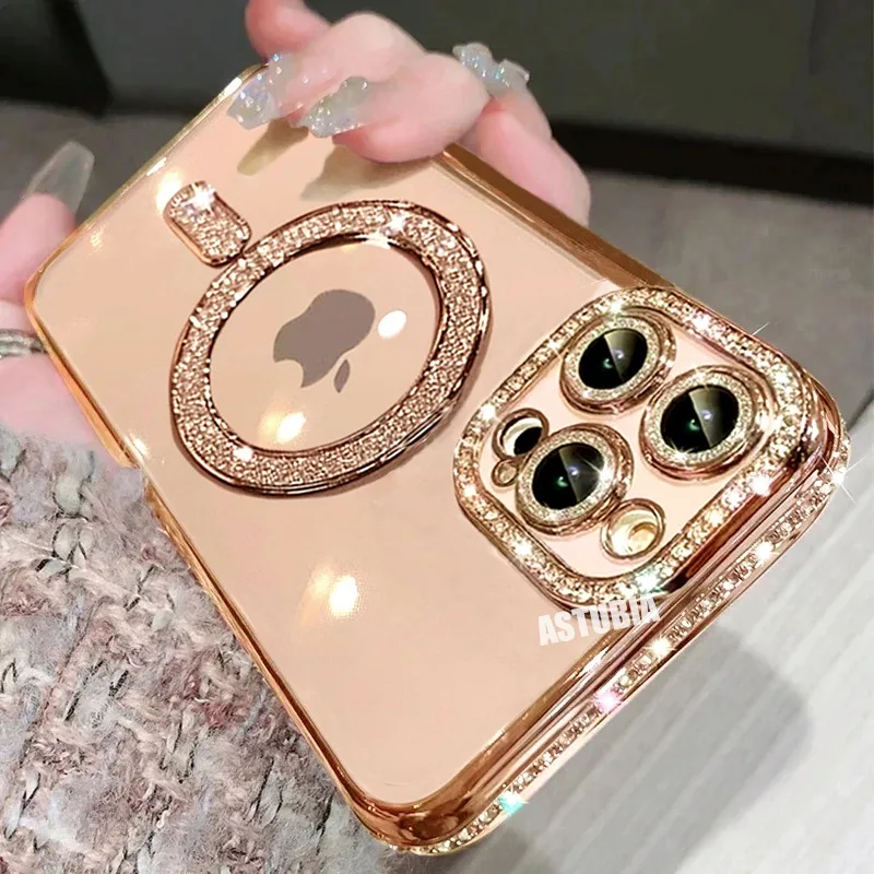iPhone Case Shockproof Wireless Charging Glitter Case For iPhone 16 15 14 13 12 11 Pro Max Plus Magnetic 17 Air Compatible Rhinestone Cover