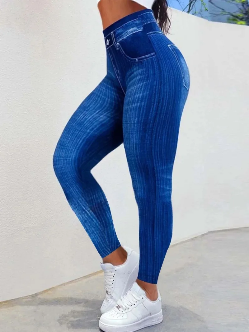 Plus Size 1XL-5XL Casual Leggings Women's Plus Denim Print Elastic High Rise Slight Stretch Leggings