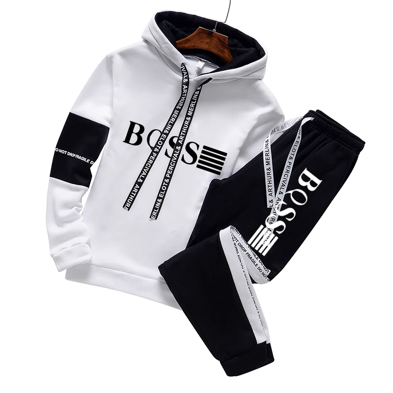 Mens Tracksuit High Quality Fashion Casual Pullover Hooded Sweatshirt Sweatpants Luxury Black White Man Top Pants Sport Clothes