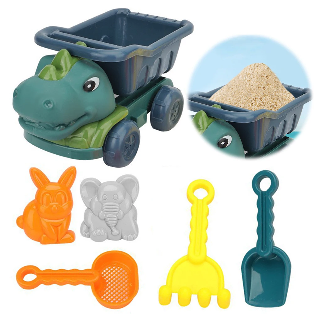 6Pcs Dinosaur Summer Beach Toys with Dump Truck Sand Molds Shovel Rake Sand Sifter Sandbox Toys for Kids Toddlers Boys Girls